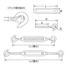 水本機械製作所 枠式ターンバックル 外れ止め付 (フック&フック) ステンレスSUS304 捻径W-1/4 TB-6HK